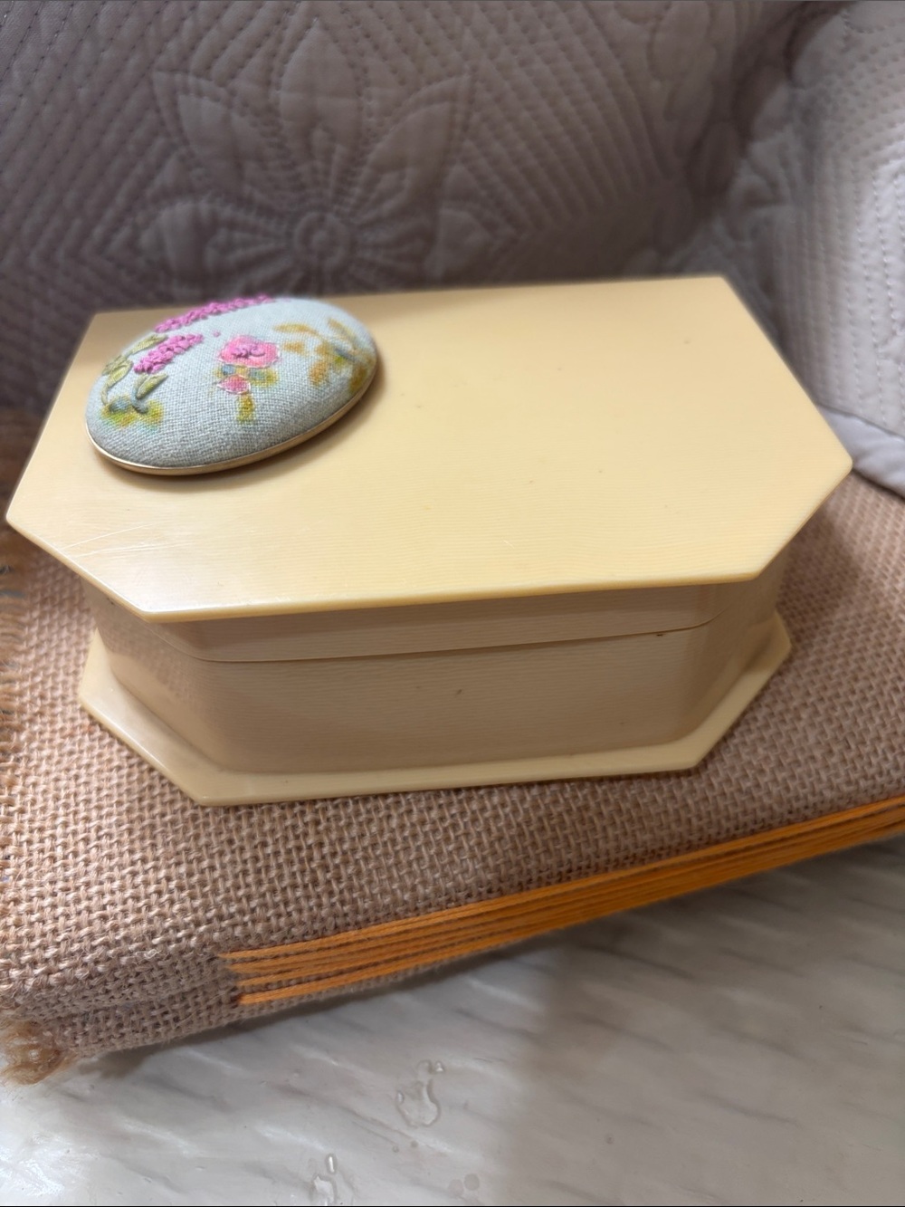 Vintage Celluloid jewelry box hand embroidered pink velvet inside good condition